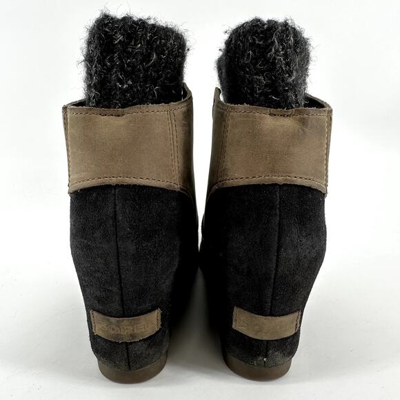 Sorel Joanie Sweater Wedge Boots Slip On Waterproof Snow Leather Tan Black 8.5 - Picture 5 of 7